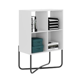 Techni Mobili Modern Geometric Low Wooden Bookcase - 2 Tier White Cube Storage Organizer Shelf - Easy to Assemble Engineered Wood Bookcase with Open Back Shelves & Metal Frame Blanco Collection