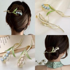 HAPVITAL Hair Claw Barrette, Lily of the Valley, Hair Clip, Banana Clip, Jewel Drop, Hair Accessory, Metal Hair Clip, Flower Shape, Lily of the Valley, Can Be Used for Dense Hair, Strong Type, Large (Pink)