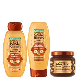 Garnier Whole Blends Honey Treasures Repairing Shampoo, Conditioner + Hair Mask Set for Dry, Damaged Hair (3 Items), 1 Kit (Packaging May Vary)