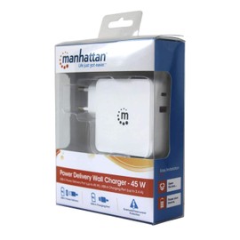 Manhattan 180146 Power Delivery USB Power Supply 45 W USB-C Power Delivery Port (PD 3.0) with up to 45 W USB-A Charging Port up to 2.4 A White
