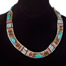 TDbN - Tribal Designs by Neela Necklace |Inlaid| Turquoise & Coral Stones| Tibetan Silver|6 Strands
