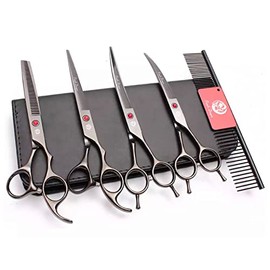 Juego de tijeras profesionales de aseo para perros de 7 pulgadas, rectas, adelgazantes, curvadas y trozos, juego de 4 piezas en 1 (con peine)