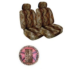 PC 7 Piece Leopard Print Auto Interior Gift Set - Universal Fit Truck & SUV Seat Covers with Steering Wheel & Shoulder Harness Covers