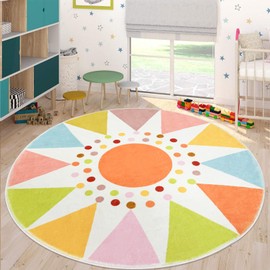 Lacomfy Round Boho Kids Rug 5.2Ft Circle Sun Play Area Rug Colorful Classroom Bedroom Playroom Carpet for Boys Girls Nursery Mat for Children Modern Abstract Playmat, Orange, 5Ft