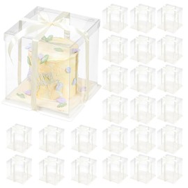 24 Pcs Clear Gift Box with Ribbon 3-Layer 10x10x12 Inch, Transparent Cake Carrier Box with Lids, PET Tall Cake Packaging Boxes, Clear Gift Boxes for Birthday,Wedding and Festival Party
