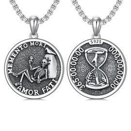 ROMANTIC WORK Memento Mori Necklace 925 Sterling Silver Memento Mori Pendant Chain Gothic Skull Jewellery Gift for Men Women, Sterling Silver