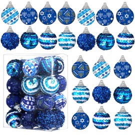Lenwen 24 Pcs Hanukkah Ball Ornaments Hanukkah Tree Ornaments Blue and White Christmas Tree Decorations for Hanukkah Xmas Party Holiday Decoration