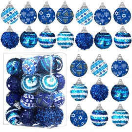 Lenwen 24 Pcs Hanukkah Ball Ornaments Hanukkah Tree Ornaments Blue and White Christmas Tree Decorations for Hanukkah Xmas Party Holiday Decoration