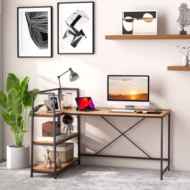 COSTWAY 59 Inch L-Shaped Computer Desk, Large Reversible Corner Desk with Open Storage Shelves, Space-Saving Writing Study Table PC Laptop Gaming Desk, for Home Office (Black + Walnut)