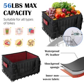 Bike Basket Rear, Folding Bicycle Basket with Removable Waterproof Liner Bag, Rear Bike Cargo Rack, Bike Accessories Frame Basket for Adult Women Men Carrying Dogs,Pet,Grocery,Quick Release Design