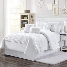 TRP Elegant 7 Piece Queen Size Floral Comforter Set | Intricated Chenille Embroidered Pleated Striped Pattern | All Seasons White Bedding Warm Cozy |Plush Luxurious Soft Rich Look,Snow Whitish