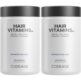 Codeage Hair Vitamins 10000 mcg Biotin, Keratin, Collagen, Vitamin A, B12, C, D3, E, Zinc, Turmeric, Probiotics, Enzymes, Inositol - Hair Care Support - Healthy Hair Supplement Pills - 2 Pack