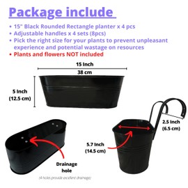 LaLaGreen Outdoor Plants Rail Planter (4 Pack, 15 Inch) Black Metal Iron Hanging Flower Pots Deck Railings Fence Balcony Buckets Modern Boho Style Window Box Plant Holder Hooks Porch Home Garden Decor