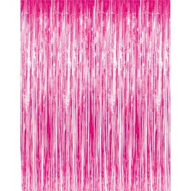 GOER 3.2 ft x 9.8 ft Metallic Tinsel Foil Fringe Curtains Party Photo Backdrop Party Streamers for Galentines Day,Birthday,Graduation,New Year Eve Decorations Wedding Decor (1 Pack, Hot Pink)