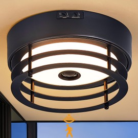 Yisuro Outdoor Ceiling Light with Motion Sensor Flush Mount Farm House Porch Light Ceiling Mount LED Light Fixture - Adjustable 3 Modes Sensor for Patio,Garage (Black)