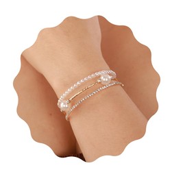 YERTTER Wedding Gold 3 Row Pearl Rhinestone Stunning Bracelet Layered Adjustable Stretch Wrap Cuff Bridals Crystal Strand Bracelet Gift for Women Brides (Gold 4)