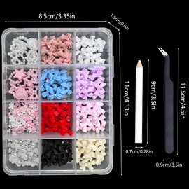 600 Pcs 3D Nail Charms and Flatback Pearls Set 8 Colors Bows Nail Art Charm + Pink&White Flower Star Heart Moon Cute Nail Jewels + 2-4mm White Nail Pearls for Nail Art DIY Decoration with Pickup Tools