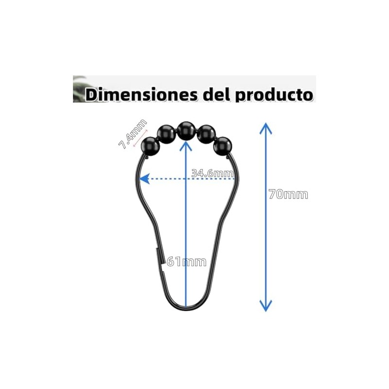 Ganchos de Cortinas para Baño de Doble Gancho Deslizable,3.6cm×7.5cm ，30pcs