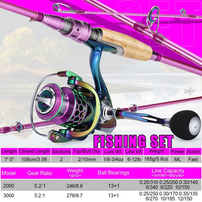 Sougayilang Spinning Rod Reel Combos,Colorful Two Pieces Spinning Pole with