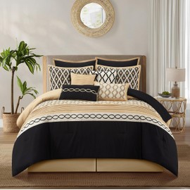 Stratford Park Geometirc Queen Black Gold Comforter Set, 10 Piece, Jacquard Bedding Comforters & Sets, Bedskirt, Pillows & Shams,