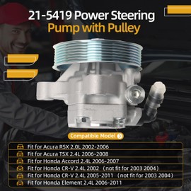 Power Steering Pump w/Pulley, for Acura RSX 2002-2006, for Acura TSX 2006-2008, for Honda Accord 2006-2007, for Honda CR-V 2002/2005-2011, for Honda Element 2006-2011, Replace# 21-5419, 56110-PNB-A03