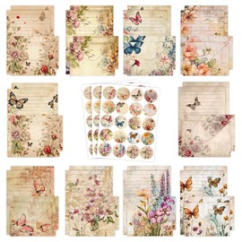 160 Pack Vintage Butterfly Stationery Paper and Envelopes Set in 10 Different Designs, 50 One Sided Stationery Lined Writing Papers with 50 Matching Envelopes and 60 Dot Stickers for Writing Letters