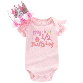 AXAZZNI Half birthday outfit baby girl Sweet rompers 1/2 Birthday Girls outfit Half way to first half birthday crown pink 6 Months