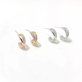 C Shape Double Round Circle Crystal Twisted Hoop Earrings in Rose Gold or White Gold colour. Pink Bowknot Earring Box included (Rose Gold)