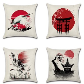 Artscope Set of 4 Japanese-Style Cushion Covers, Red Sun with Ink Painting Crane Decorative Throw Pillow Covers for Couch Bedroom Outdoor Bench Farmhouse Decor 45x45cm