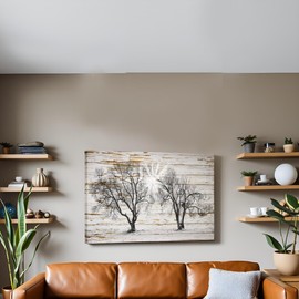 sechars - Rustic Tree Picture Canvas Print Vintage Farmhouse Living Room Decor Rural Countryside Landscape Painting Artwork Framed - 24"x36"