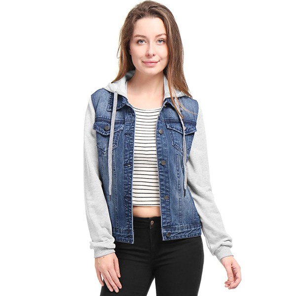 Allegra K Women's Layered Drawstring Hood Denim Jacket W Pockets
