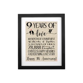 9 Years of Love Burlap Print Framed, Gifts for Husband Wife 9th Wedding Anniversary, Romantic Anniversary Decoration, Gifts for Her Him Couple 9th Anniversary