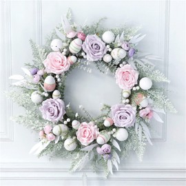 Easter Egg Wreaths for Front Door, 21 inch Easter Decorations Easter Wreath Eggs Flowers Spring Wreath Holiday Decor for Farmhouse Window Wall Hanging, Easter Gifts (Pink Purple)
