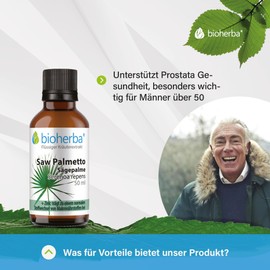 Saw Palmetto – Sägepalme Sägepalmenextrakt Tropfen – Hochdosiert 50 ml Extrakt – Serenoa repens – Unterstützt Prostata-Gesundheit, DNA-Synthese & Fruchtbarkeit – Mit Zink – PZN 18215824 von BIOHERBA