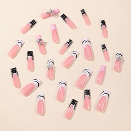 FIEONCIY Press on Nails Coffin Long French Glossy Full Cover Acrylic Square False Nails with Star Glitter Rhinestone Designs Artificial Ballerina Fake Nails with Charm Glue on Fingernails for Women