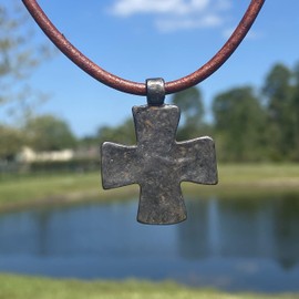 Rustic Silver Flat Cross Necklace - Gold Hammered Men Gift, Mens Gifts, Catholic Women Crosses, Religious Jewelry, Protection Charm, God Faith (Rustic Brown)