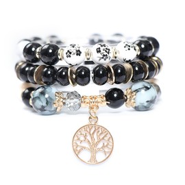 HIFIMDLI 3PCS Tree of Life Bohemian Stretch Bracelets Suitable for Women Most Wrists Jewelry Gifts (Black)