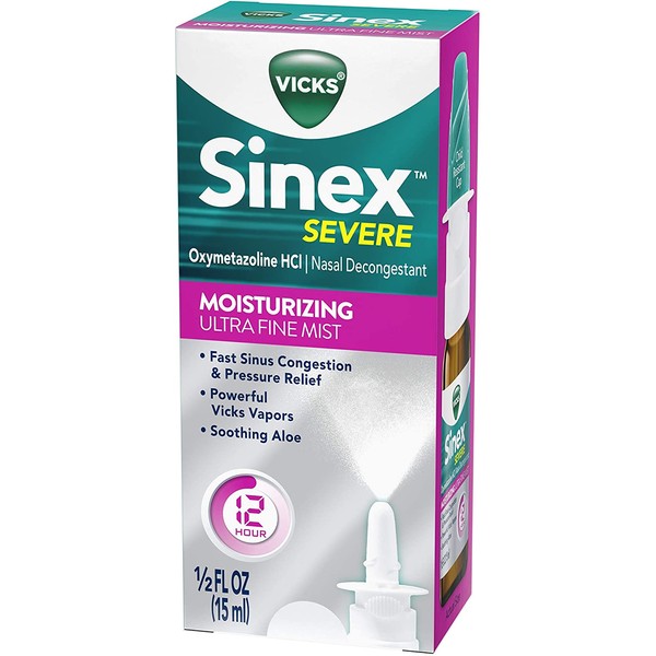 Vicks Sinex SEVERE, Nasal Spray, Moisturizing Ultra Fine Mist with Soothing Aloe, Sinus Decongestant for Fast Relief of Cold & Allergy Congestion, Sinus Pressure Relief, 0.5 FL OZ (15 ml)