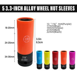 NORTOOLS 1/2-Inch Drive Lug Nut Socket Set, 5pcs Lug Nut Thin Wall Deep Socket Set with Color-Coded Protective, (Metric 17mm, 19mm, 21mm & SAE 13/16" 7/8") CR-MO Steel, 6 Point, Non-Marring