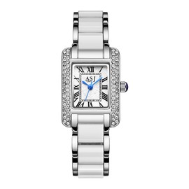 Silverora Women's Square Watches: Easy to Read Full Diamond Small Dial Analogue Quartz Watches Women's Shamal Imitation Ceramic Bracelet Watch with Roman Number Scale for Women, silver, Bracelet
