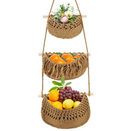 Hanging Fruit Basket for Kitchen, 3 Tier Handmade Natural Jute Wall Baskets for Organizing, Boho Style Fruit Vegetable Storage Basket, Over the Door Organizer for Kitchen, Bedroom, Bathroom
