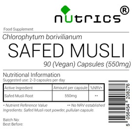 Nutrics® Safed Musli 550mg 90 V Capsules (1 Month Supply) - Supplement - Suitable for Vegan Vegetarian Halal & Kosher Diet