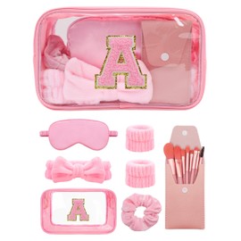 Gift Sets for Women, Initial Makeup Bag with Makeup Brush Set Bachelorette Party Favors, Pink Spa Kit with Skincare Headbands Wrist Bands Sleepover Party Supplies Gifts for Teen Girls Bridesmaid A