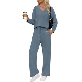 VUTRU Womens 2 Piece Lounge Sets Casual Fall Travel Vacation Outfits Tracksuit Wide Leg Loungewear 2025 (Light Blue,S)