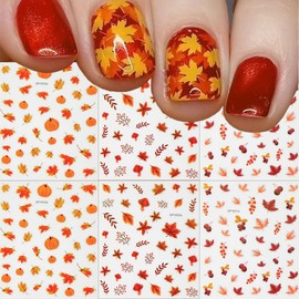 6 Sheets Fall Nail Stickers 3D Self-Adhesive Maple Leaf Nail Art Stickers for Nail Art Pumpkins Leaf Nail Design Autumn Nail Decals Thanksgiving Nail Art Supplies for Women Acrylic Nails Decoration