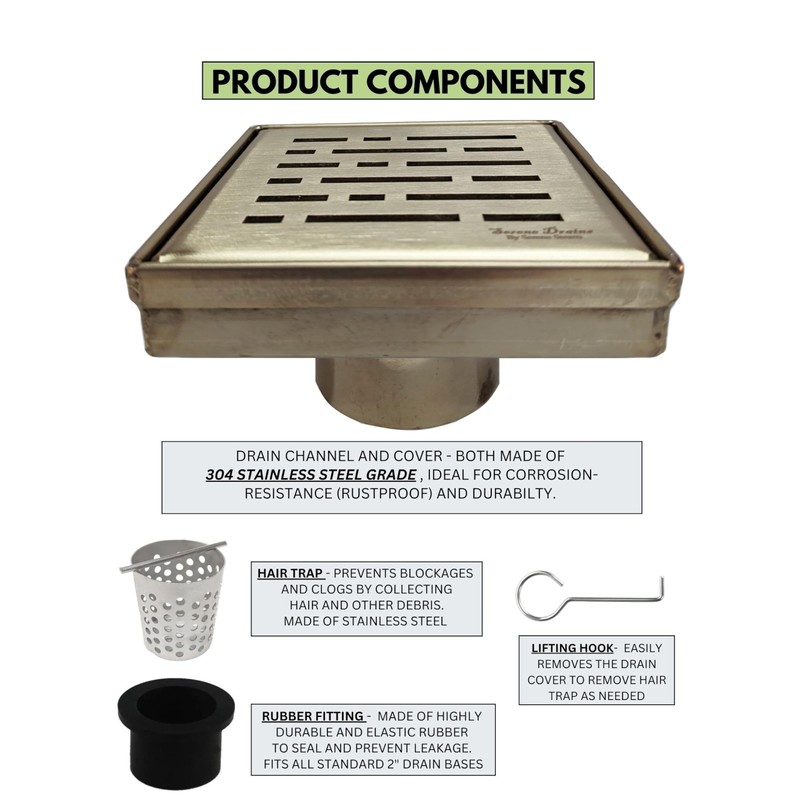 SereneDrains 304 Stainless Steel 4 Inch Square Brushed Gold Shower