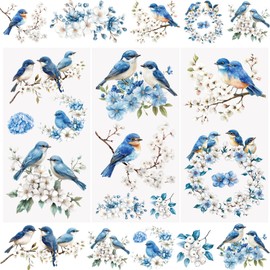 WANDIC 3Pcs Rub On Transfer Stickers Blue Flower Bird Pattern Waterproof Decals Furniture Craft for DIY Scrapbooking Photo Albums,15 * 30cm