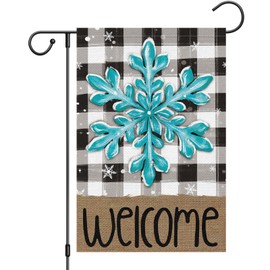 Heyfibro Welcome Winter Garden Flag 12x18 Inch Double Sided Burlap Snowflake Black White Buffalo Plaid Check Rustic Yard Flags for Seasonal Christmas Winter Farmhouse Decoration(ONLY FLAG)