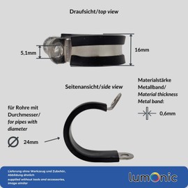Lumonic 5 x 24 mm pipe clamps with rubber insert, stainless steel V2A, cable clamps for screwing, hose clamp 24 mm, pipe clamps, mounting clamp 24