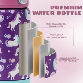 pluseight Kids Insulated Water Bottle with Straw Lid, 12 oz BPA-Free Double Wall Vacuum Tumbler 18/8 Stainless Steel Leak Proof Kids Cups with Straw for School Travel Boys Girls (Unicorn)